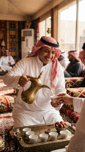 Saudi Arabian man serving traditional coffee and dates in a tent  