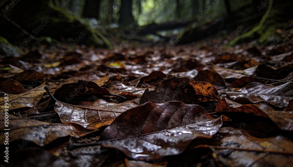 Fototapeta premium Glistening cluster of wet fallen leaves showing veins on forest floor, with droplets and moss