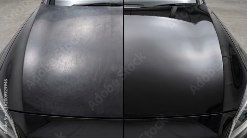 Polished black car hood demonstrating before and after paint correction results
