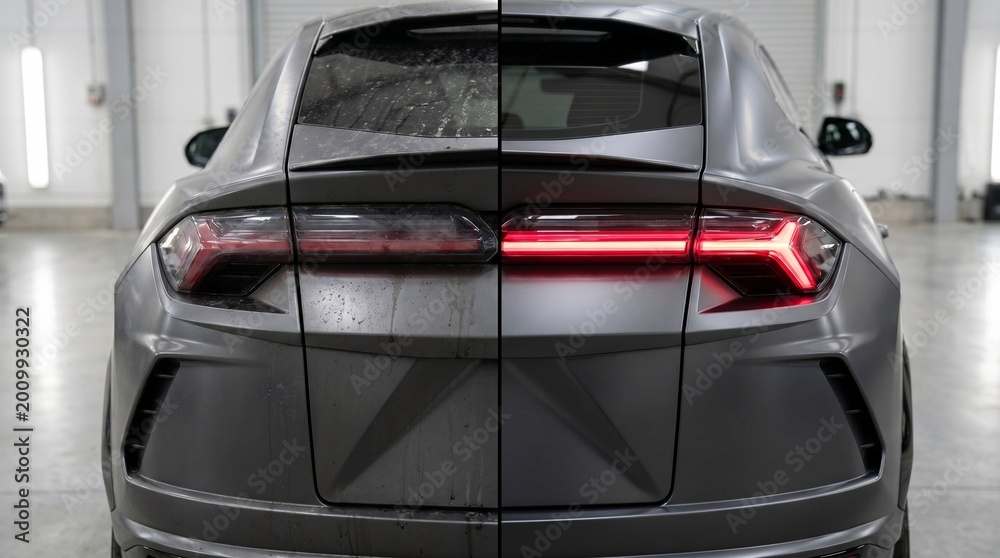 Fototapeta premium Rear View of a Grey car, Dirty and Clean Contrast
