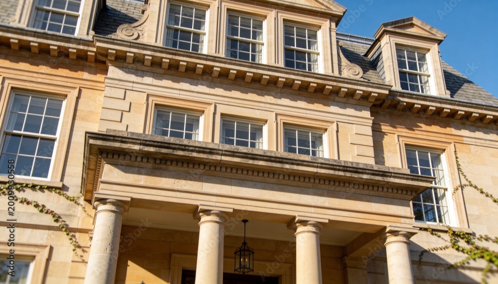 Obraz premium Showing centered entrance portico at manor with four columns, cornice with dentils, hanging lantern