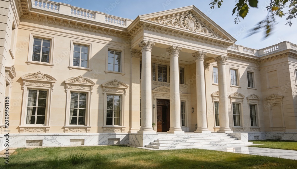 Obraz premium Framing front entrance showing four Corinthian columns pediment sash windows marble path at estate