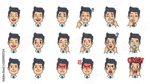 Versatile collection of a male office worker face icons showing a wide range of emotions from happy and sad to angry, surprised, and confused.