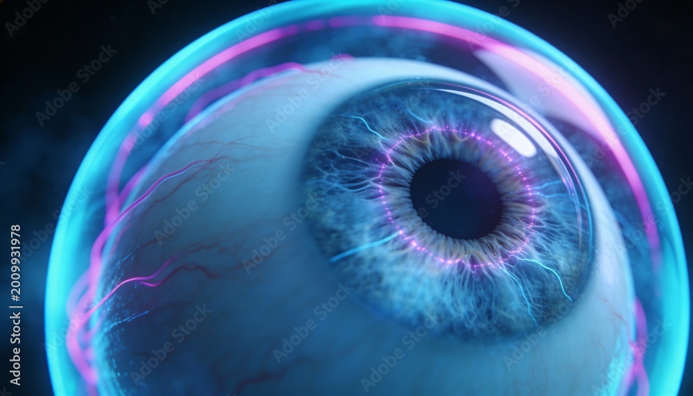 Fototapeta premium Glowing human eye showing electric filaments glossy cornea bubble membrane in dark studio neon rim