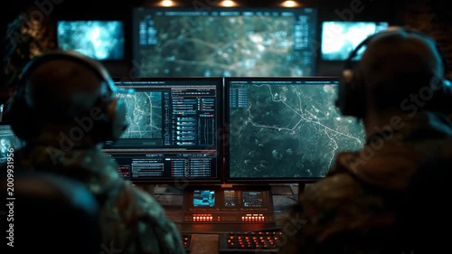 Drone operator controlling a combat drone inside a dark military control room, surrounded by glowing monitors and tactical data, representing modern warfare technology and remote battlefield operation