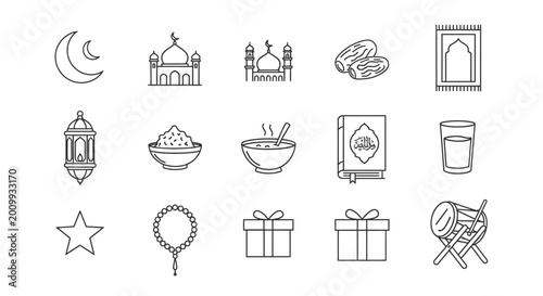 Foto Ramadan Icons: Crescent Moon, Mosque, Dates, Prayer Mat, Lantern, Food, Quran
