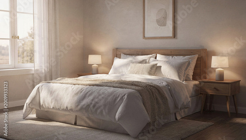 Cozy bedroom with bed, bedside tables, lamps, and natural light from window