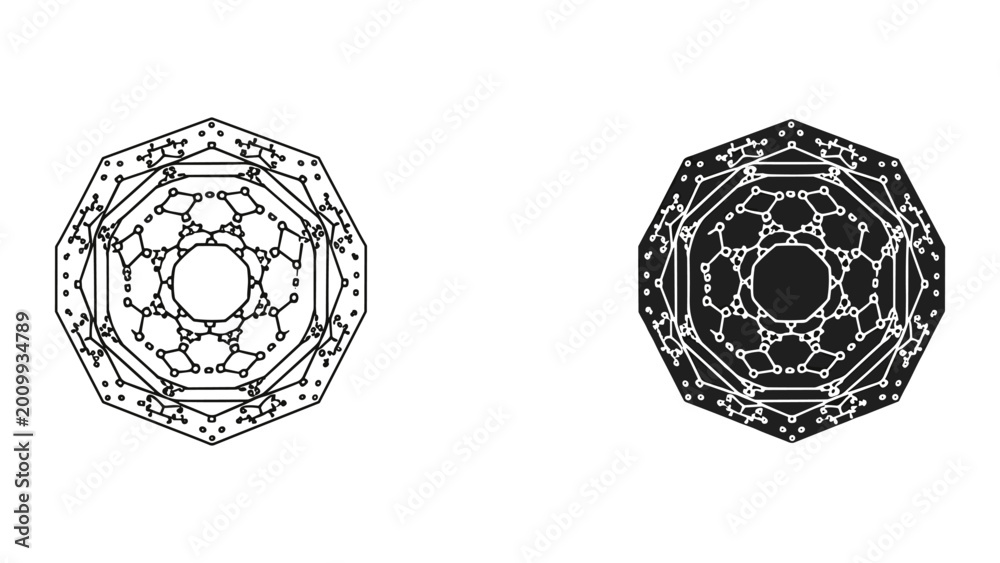 Fototapeta premium Intricate black and white geometric patterns forming octagonal shapes with interconnected lines and dots