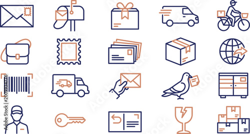 Fotografi A set of clean linear icons representing various delivery logistics shipping and