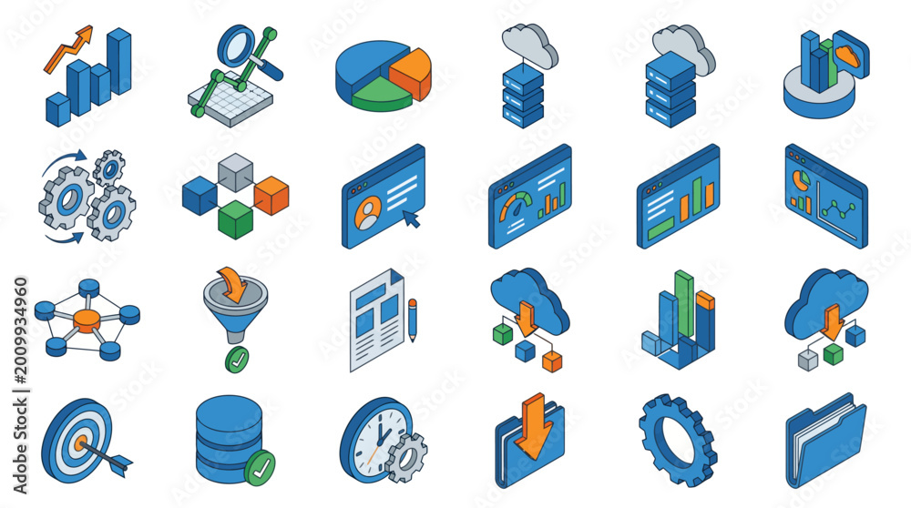 Fototapeta premium Collection of Isometric Icons Representing Data Analysis and Technology.
