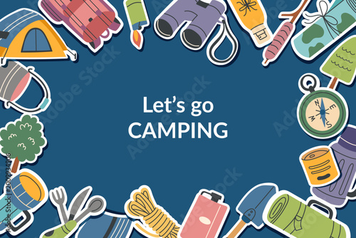 Camping banner with travel objects and copy space4. The concept of travel, camping, hiking and outdoor recreation. Vector flat template.