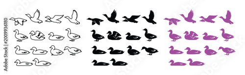 Minimalist Duck Icon Set, a collection of 28 vector duck illustrations in various poses, perfect for wildlife, nature, and animal-themed designs, featuring outline, solid black