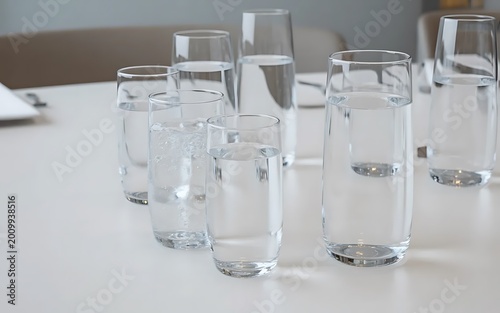 Clean Transparent Drinking Glasses with Sparkling Water for Healthy Living, Minimalist Interior Decor Still Life featuring Glass Tumblers and Pure Water