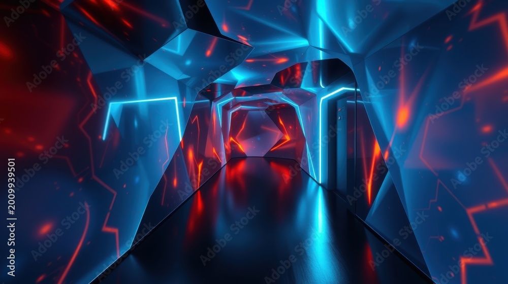 Fototapeta premium Futuristic tunnel glows with vibrant blue, red light. Geometric shapes create depth, perspective. Dark background emphasizes neon illumination.