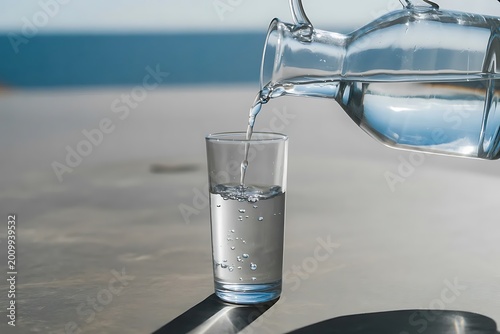 Minimalist Shot of Pure Drinking Water Being Poured into a Glass on a Table, Clear Refreshing Mineral Water Pouring into a Glass Against Bright Sunny Background