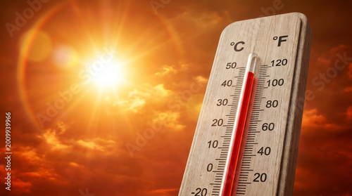 Extreme summer heat heatwave thermometer sun climate weather temperature hot summer extreme heat. Heat wave extreme summer, sun high temperature hot weather, global warming, heat stroke