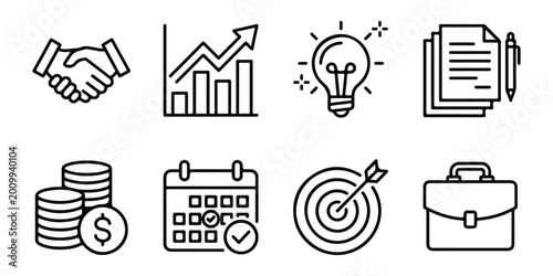 business icons set, handshake, graph, lightbulb, documents, money, calendar, target, briefcase