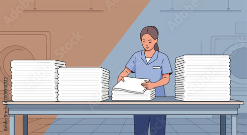 A woman wearing a uniform folds piles of fresh white laundry on a large table