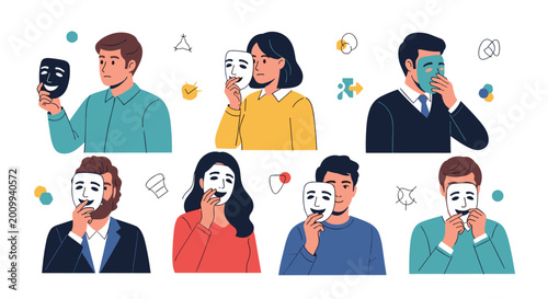 Group of diverse people holding various smiling or neutral masks over their faces to represent hidden emotions or personality traits.