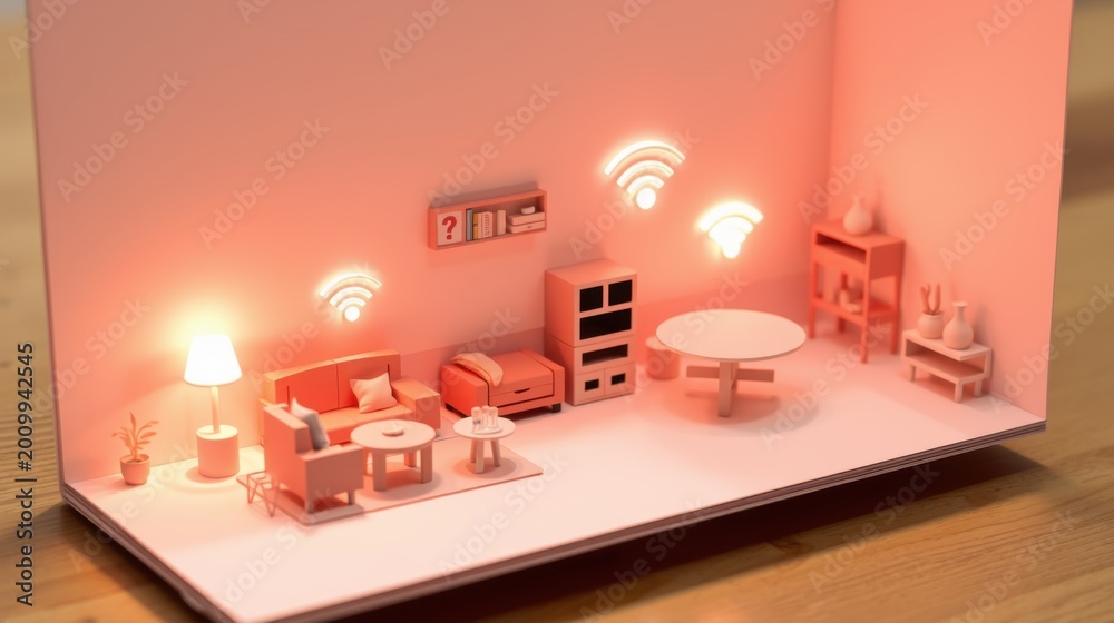 Fototapeta premium Minimalist room setup. Peach tones dominate design. Furniture includes sofa, table, lamp, bookcase. Warm lighting creates cozy atmosphere.