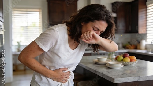 Sick woman coughing and holding stomach in pain at home kitchen suffering from flu virus food poisoning nausea digestive issues health problems medical symptoms illness disease