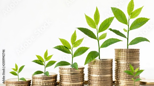 Growing green plants from stacks of gold coins wealth creation financial growth bright concept