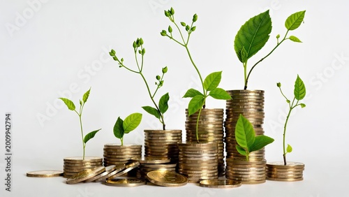 Growing green plants sprouting from stacks of gold coins in bright environment