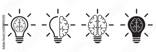 Brain Light Bulb Idea Icon Set – Creativity, Innovation, Smart Solution and Knowledge Symbol, Human Brain Lamp 
Line and Silhouette Vector Illustration Collection