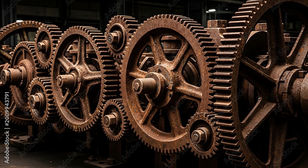 Obraz premium Intricate arrangement of rusty gears and cogs a steampunk inspired mechanical composition