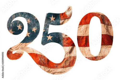 Vintage distressed 250 number with american flag texture celebrating 250 years of independence anniversary