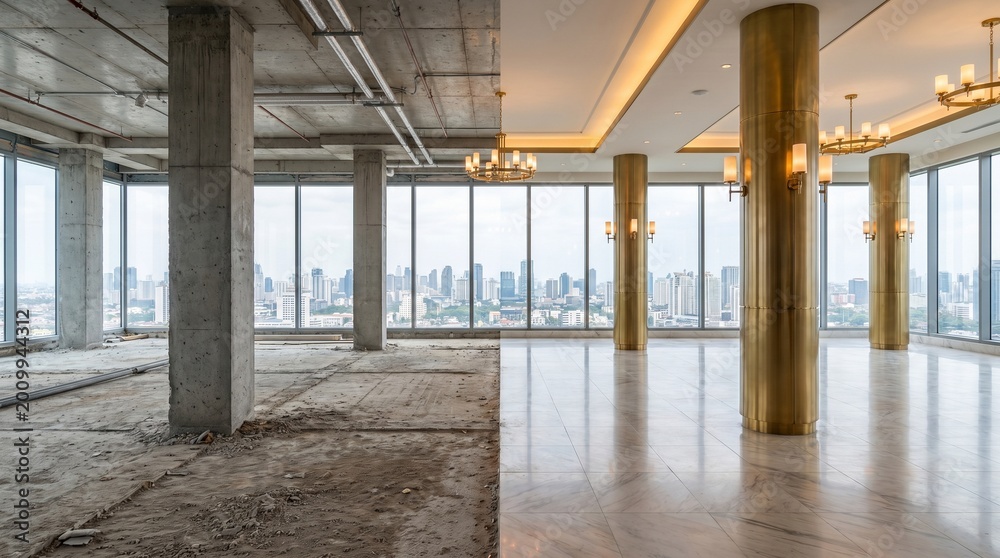 Naklejka premium Office space transformation from raw construction to modern luxury interior.