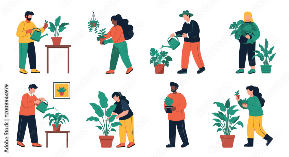 Fototapeta premium Diverse group of people engaged in indoor gardening and plant care, watering and potting various green houseplants in a home or studio setting.