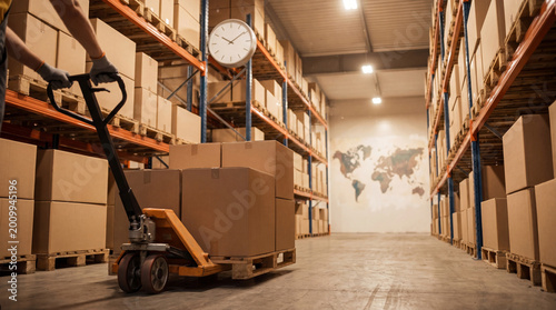 Fotografie Efficient warehouse operations with a worker moving boxes, showcasing global logistics and timely deliveries