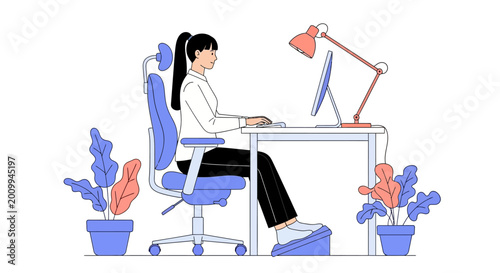 Photos Woman working at a desk with proper ergonomic posture and footrest