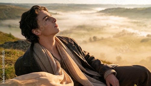 Romantic Portrait of Man Relaxing on Hilltop Above Foggy Valley