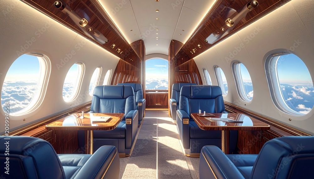 Fototapeta premium Electric plane interior- Wide shot of a luxury cabin with windows