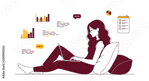 Foto A young woman working on her laptop while sitting comfortably with pillows