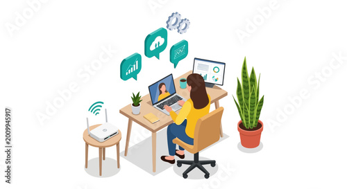 Woman working from home with laptop and wifi connection.