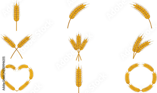 Cuadro en lienzo Wheat Grain Icons Set Featuring Golden Ears Bundles Heart Shape and Wreath Designs for Agriculture Harvest Organic Food and Farming Symbol Collection