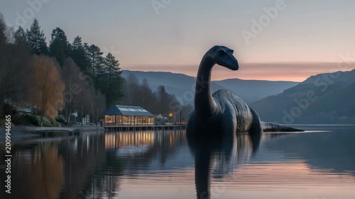 Brontosaurus standing by a river near a village, prehistoric scene blending ancient dinosaur with human settlement in a natural landscape
