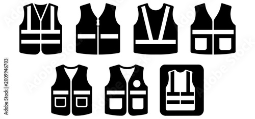Konstfotografi Work safety vest and high visibility jacket vector icon set