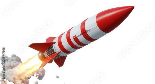 A red and white striped rocket ship launching into space with a bright orange exhaust flame and thick white smoke clouds on a black background