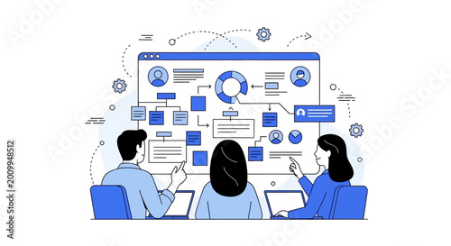 A team of professionals collaborating on a business strategy project using a large digital interface.