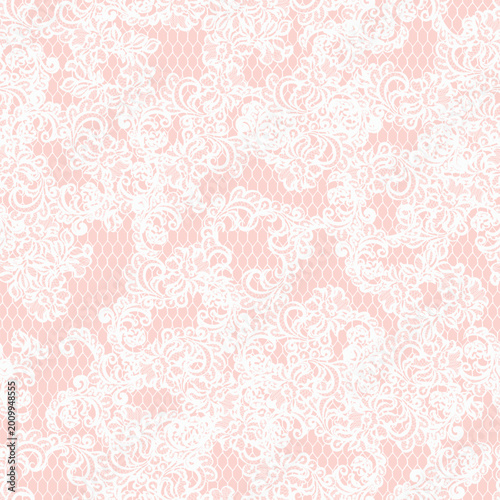 White lace floral pattern decorating pink background, creating an elegant and romantic design, suitable for wedding invitations, textiles, or feminine apparel