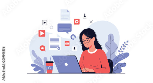 Focused young woman working on a laptop surrounded by various digital media icons representing multitasking and online communications.