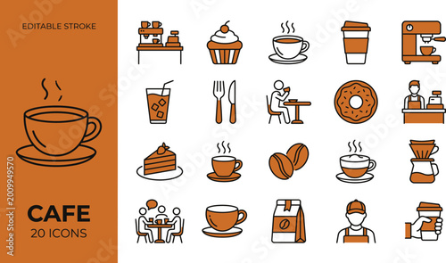 Schilderij op canvas Cafe icons set with coffee cups and baked goods