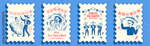 festive Cinco de Mayo celebration card set featuring traditional dancers band and decorations for party invitations