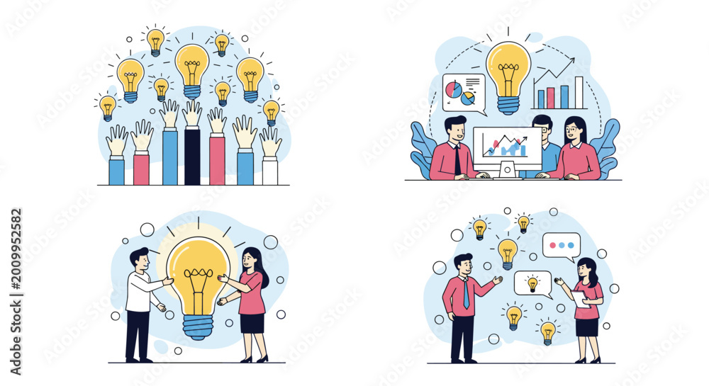 Fototapeta premium Collection of business scenes showing people brainstorming and generating bright creative ideas represented by giant yellow light bulbs.