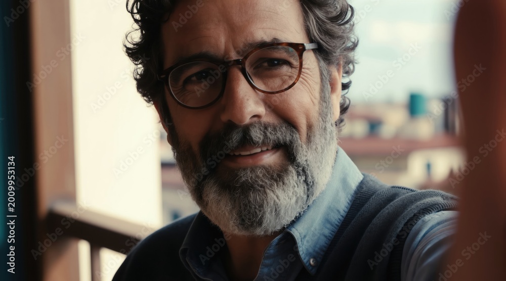 Fototapeta premium Mature man with glasses takes selfie from balcony. He smiles warmly looking at camera with city buildings in background. Person captures photo from terrace.
