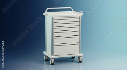 Emergency crash cart 3D render, hospital resuscitation trolley visualization, ICU emergency equipment cart model, medical crash cart cabinet